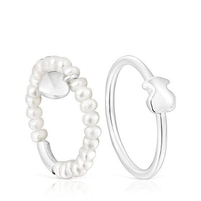 Silver and cultured pearls Mini Icons heart bear Ring set