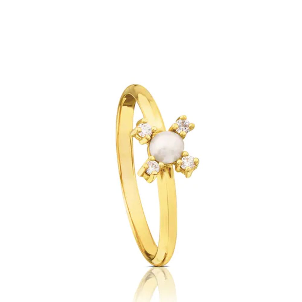 Gold Eklat Ring with four Diamonds and Pearl