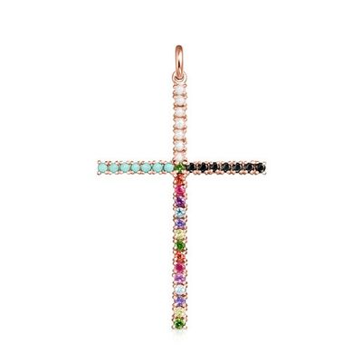 Straight cross Pendant in Rose Silver Vermeil with Gemstones