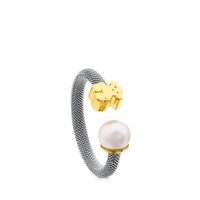 Steel and Gold TOUS Icon Mesh Ring with Pearl Bear motif