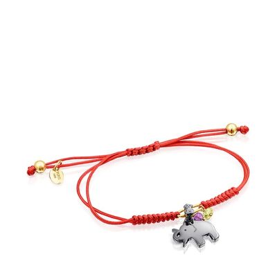 Pulsera TOUS Good Vibes elefante de plata dark silver, gemas y cordón rojo