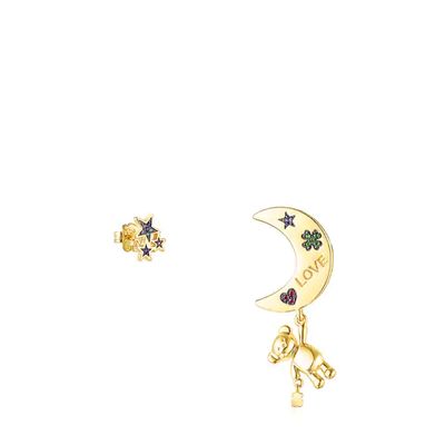 Aretes corto/largo Teddy Bear Stars luna con baño de oro 18 kt sobre plata y gemas