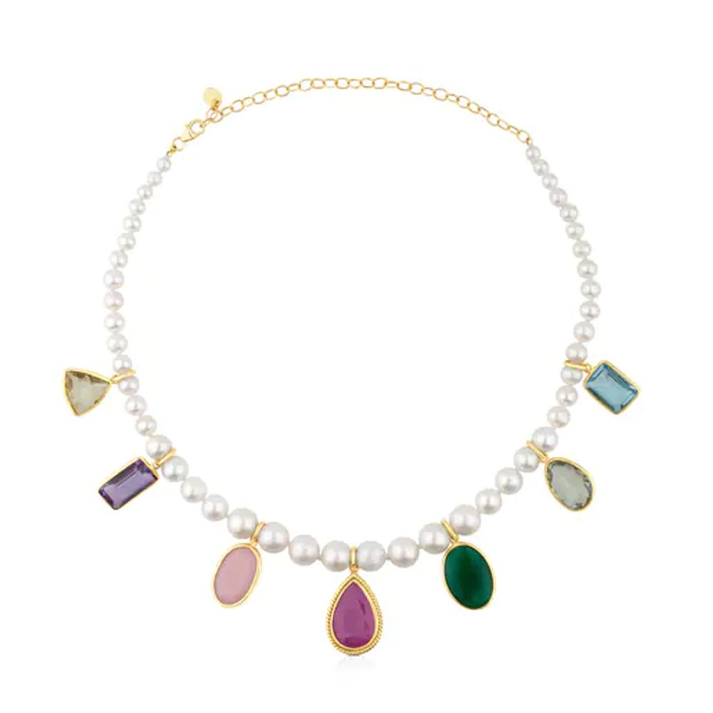 TOUS Gold Gem Power Necklace with Pearls and seven multicolor Gemstones. 17  27/50 | Westland Mall