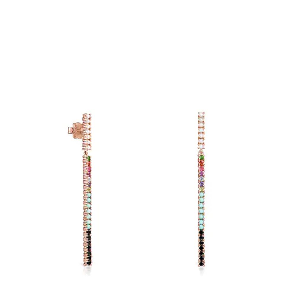 Aretes largos Straight barra con baño de oro rosa 18 kt sobre plata con Gemas