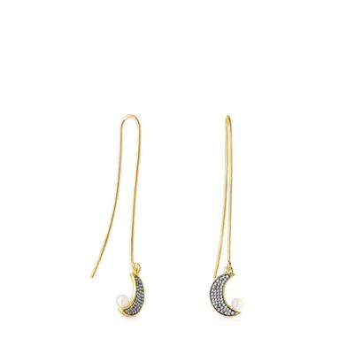 Aretes largos Nocturne luna con baño de oro 18 kt sobre plata, Diamantes y Perla