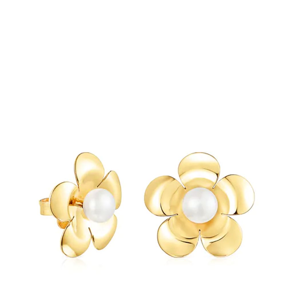 Aretes Fragile Nature flor con baño de oro 18 kt sobre plata y perla