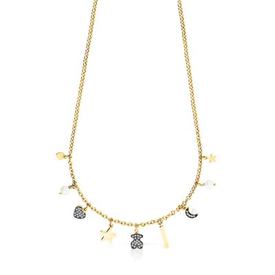 Collar Nocturne motivos con baño de oro 18 kt sobre plata, Diamantes y Perlas