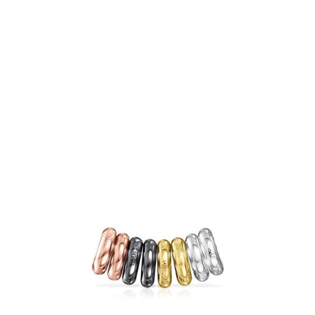 TOUS Pack de Anillos Ring Mix con baño oro 18 kt sobre plata, plata dark  silver y espinela