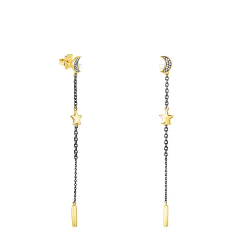 Long Nocturne Earrings in Silver Vermeil and Dark Silver with Diamonds and Pearl