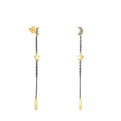 Aretes largos Nocturne con baño de oro 18 kt sobre plata, Dark Silver, Diamantes y Perla