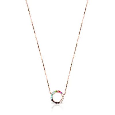 Straight disc Necklace in Rose Silver Vermeil with Gemstones