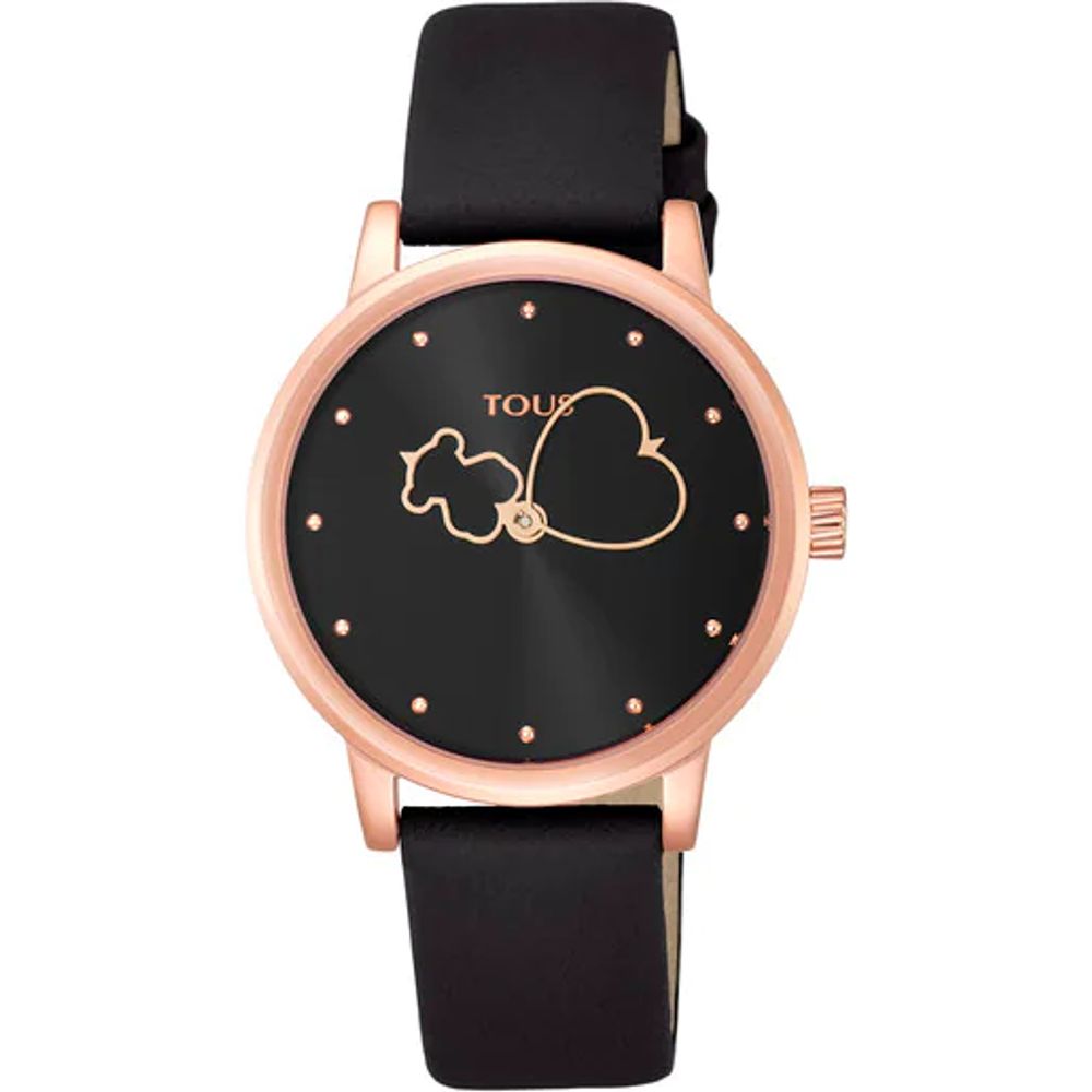 Rose IP steel Bear Time Watch with black Leather strap