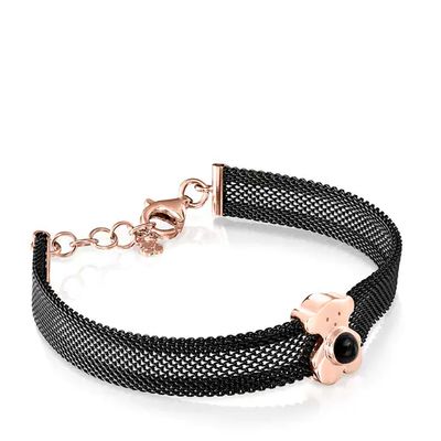 Pulsera ancha Real Sisy de Acero IP negro y Plata baño de oro rosa 18 kt sobre plata con Onix