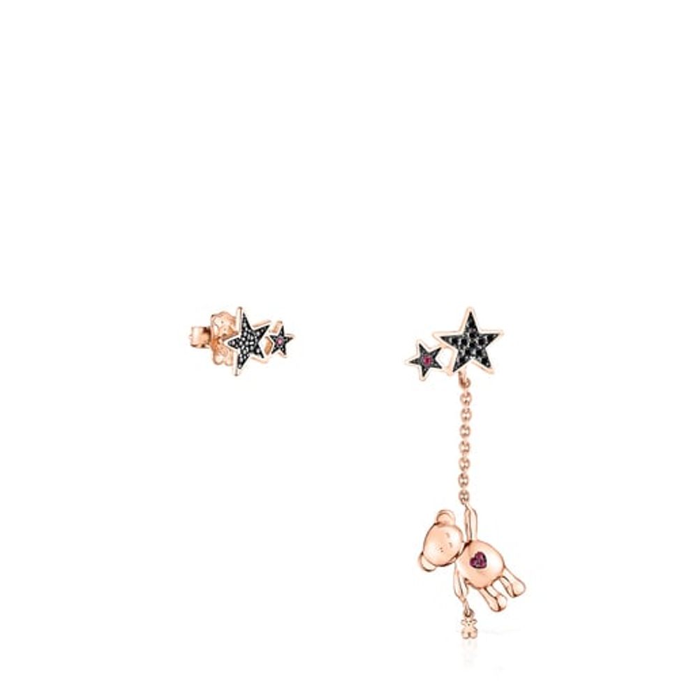 Aretes corto/largo Teddy Bear Stars con baño de oro rosa 18 kt sobre plata, espinela y rubí