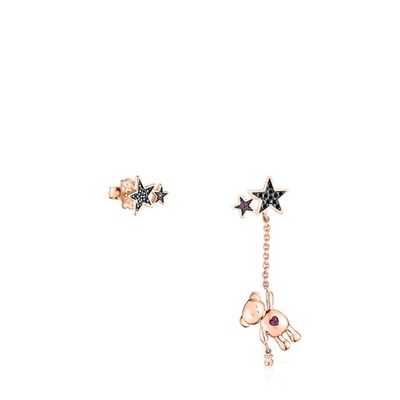 Aretes corto/largo Teddy Bear Stars con baño de oro rosa 18 kt sobre plata, espinela y rubí