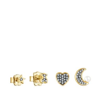 Pack de Aretes Nocturne con baño de oro 18 kt sobre plata, Diamantes y Perla