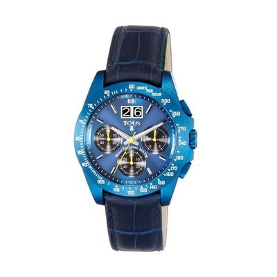 Blue anodized Steel Drive Crono Watch with blue Leather strap