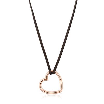 Long Hold heart necklace in Rose Vermeil and brown Leather