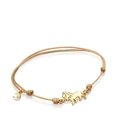 Pulsera Save león con baño de oro 18 kt sobre plata y Cordón beige