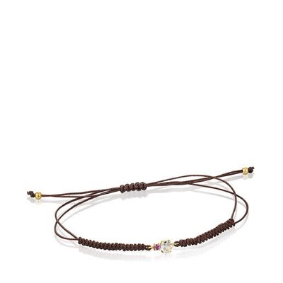 Pulsera Mini Ivette de Oro con Prasiolita, Amatista y Cordón marrón