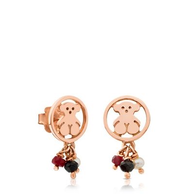 Aretes Camille con baño de oro rosa 18 kt sobre plata con Ónix, Rubí y Perla