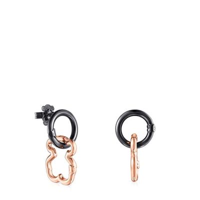 Aretes Hold oso con baño de oro rosa 18 kt sobre plata y Plata Dark Silver