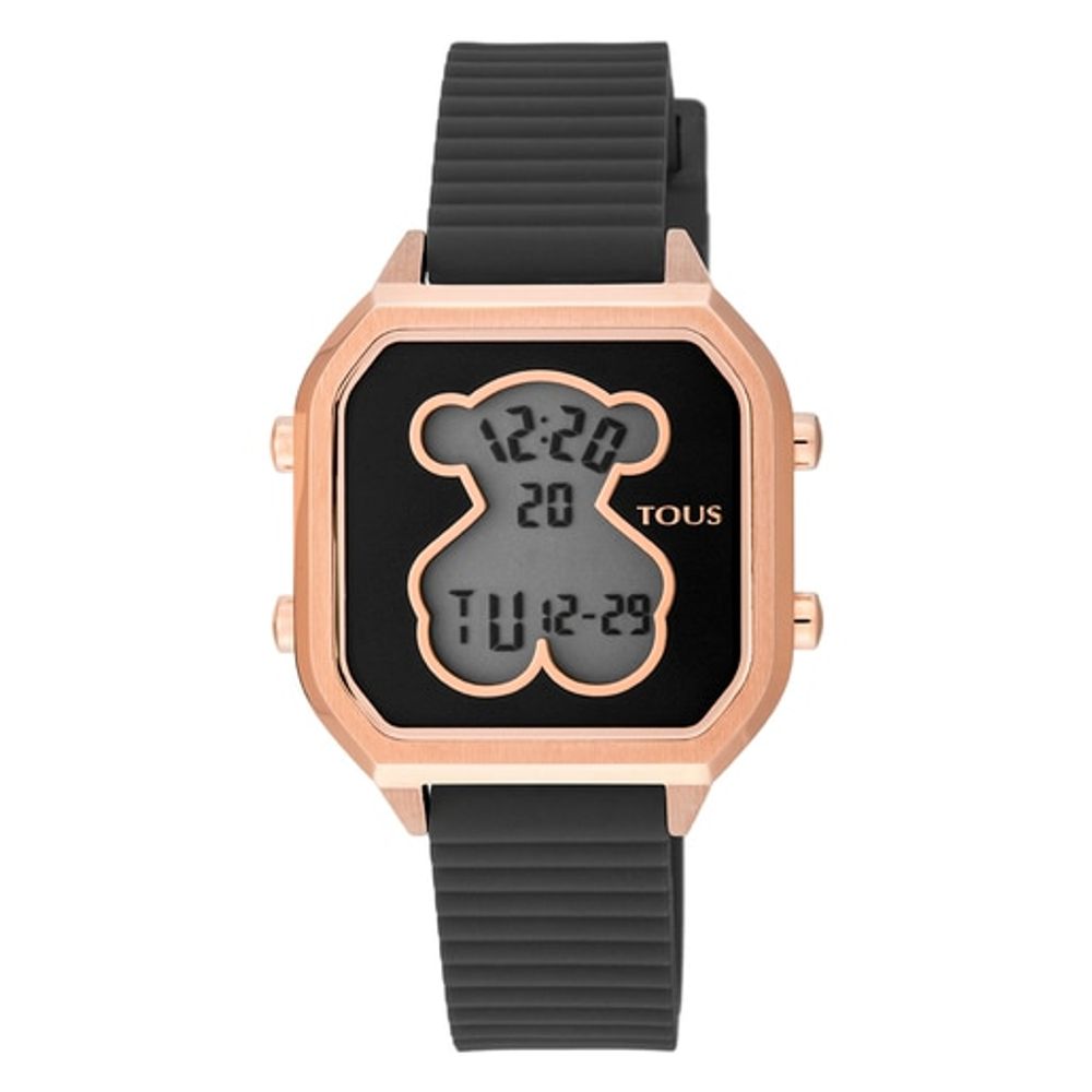Reloj digital D-Bear Teen de acero IP rosado con correa de silicona negra