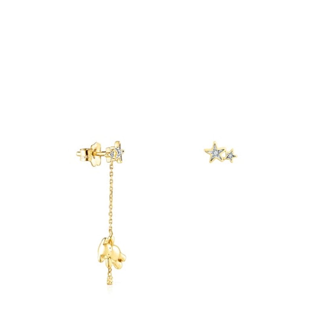 Aretes corto/largo Teddy Bear Stars de Oro y Diamantes