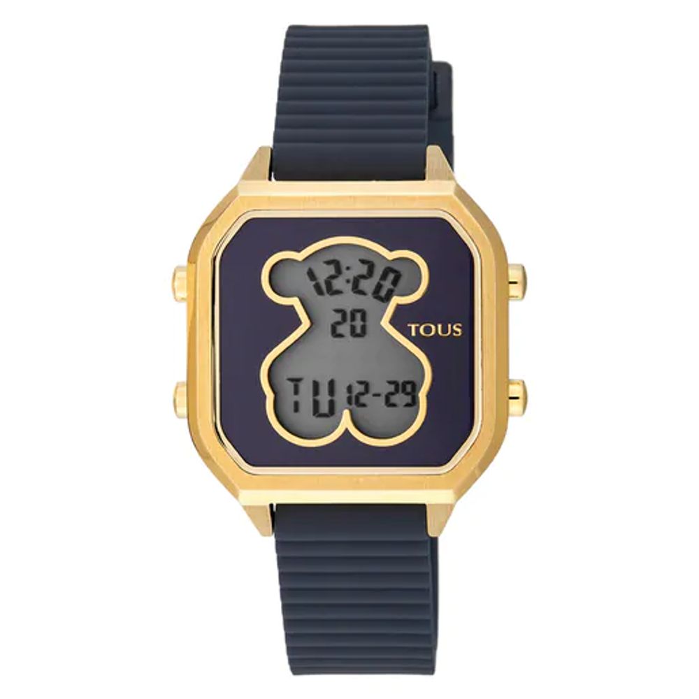 Reloj digital D-Bear Teen de acero IP dorado con correa de silicona azul