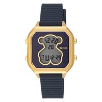 Reloj digital D-Bear Teen de acero IP dorado con correa de silicona azul