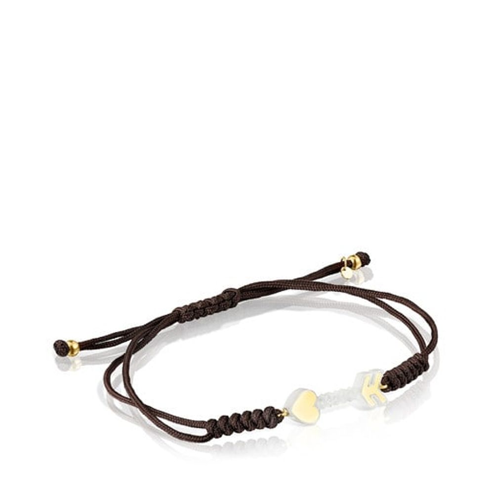 Gold San Valentín arrow Bracelet with Mother-of-pearl and brown Cord