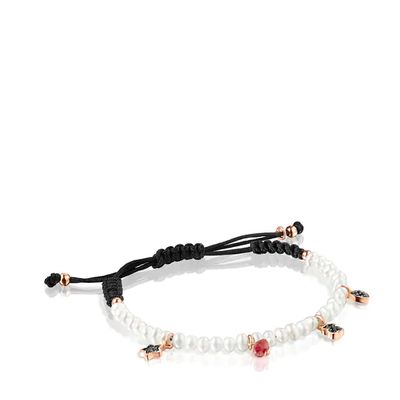 Motif Bracelet with Pearls and black Cord in Rose Silver Vermeil and Gemstones