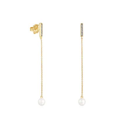 Aretes largos Nocturne barra con baño de oro 18 kt sobre plata, Diamantes y Perla