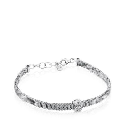 Pulsera de acero y oro blanco con diamantes motivo oso 0,6cm Icon Mesh