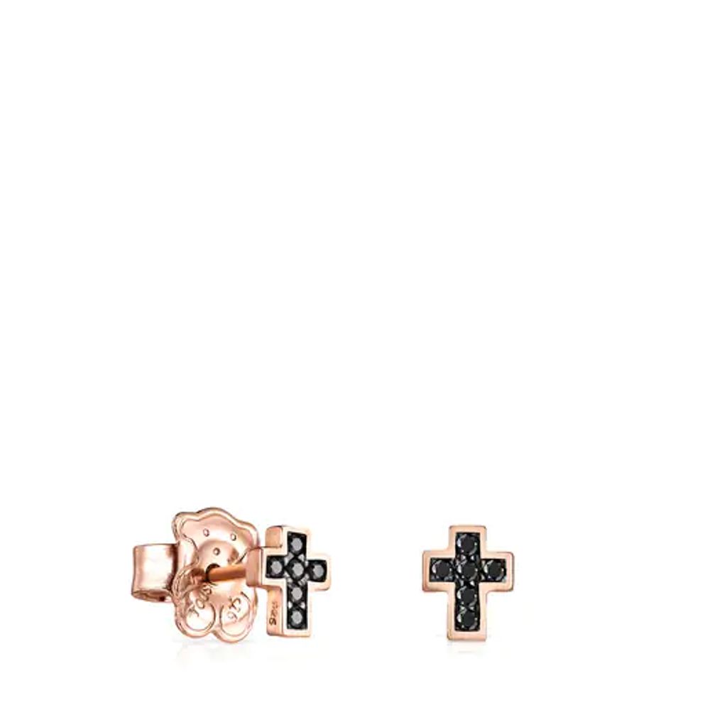 Aretes Motif cruz con baño de oro rosa 18 kt sobre plata con Espinelas