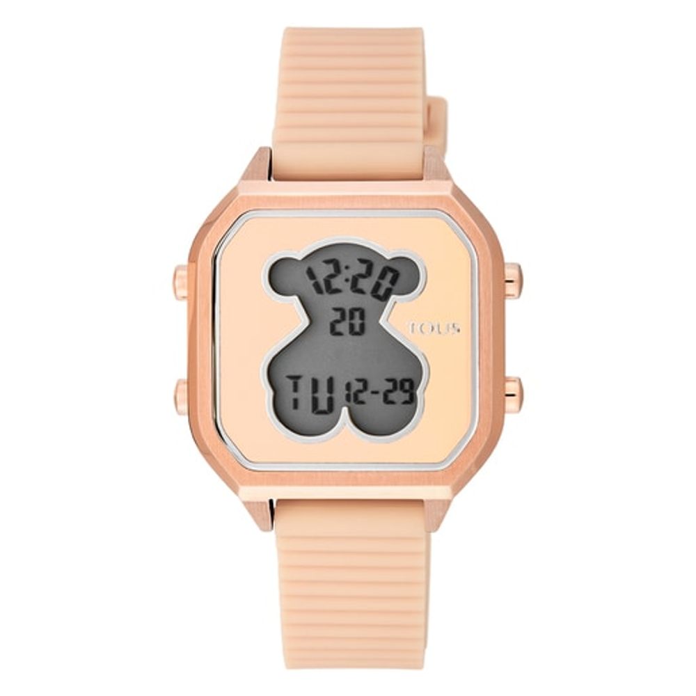 Reloj digital D-Bear Teen de acero IP rosado con correa de silicona nude