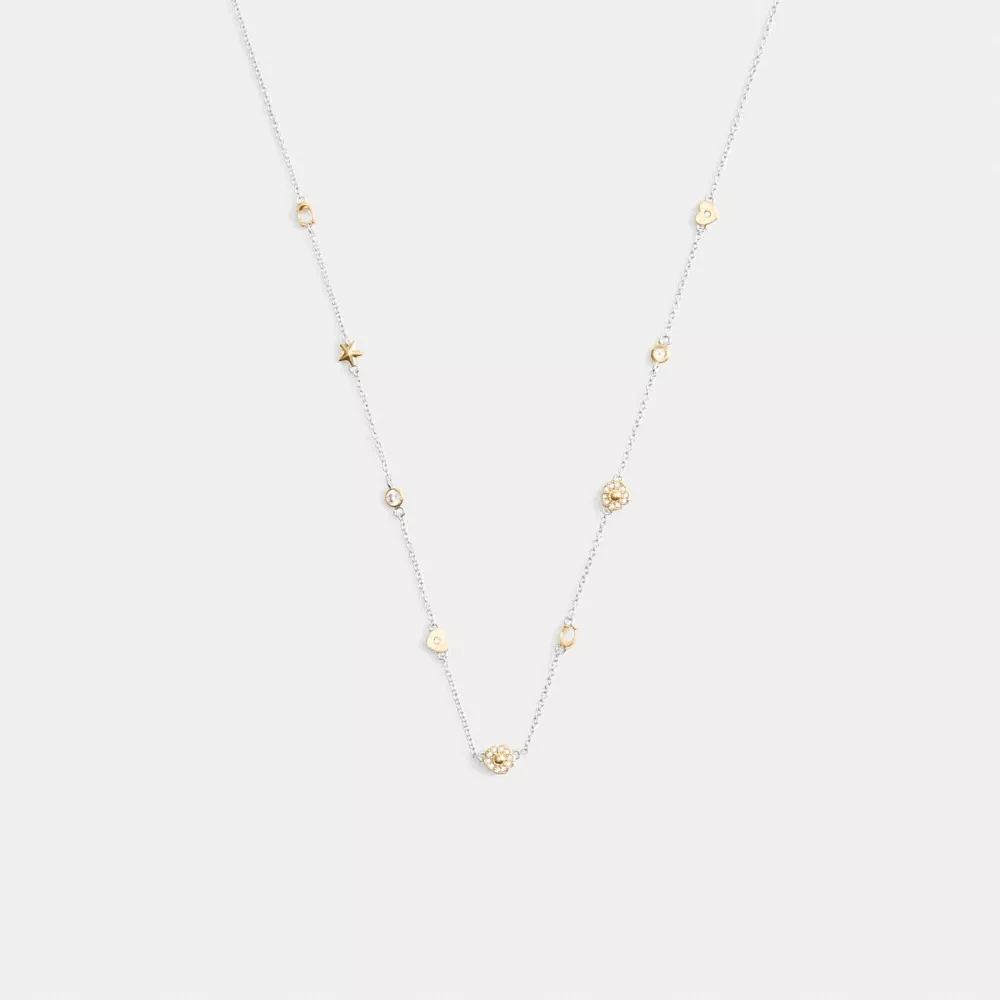 Pavé Tea Rose And Heart Station Necklace