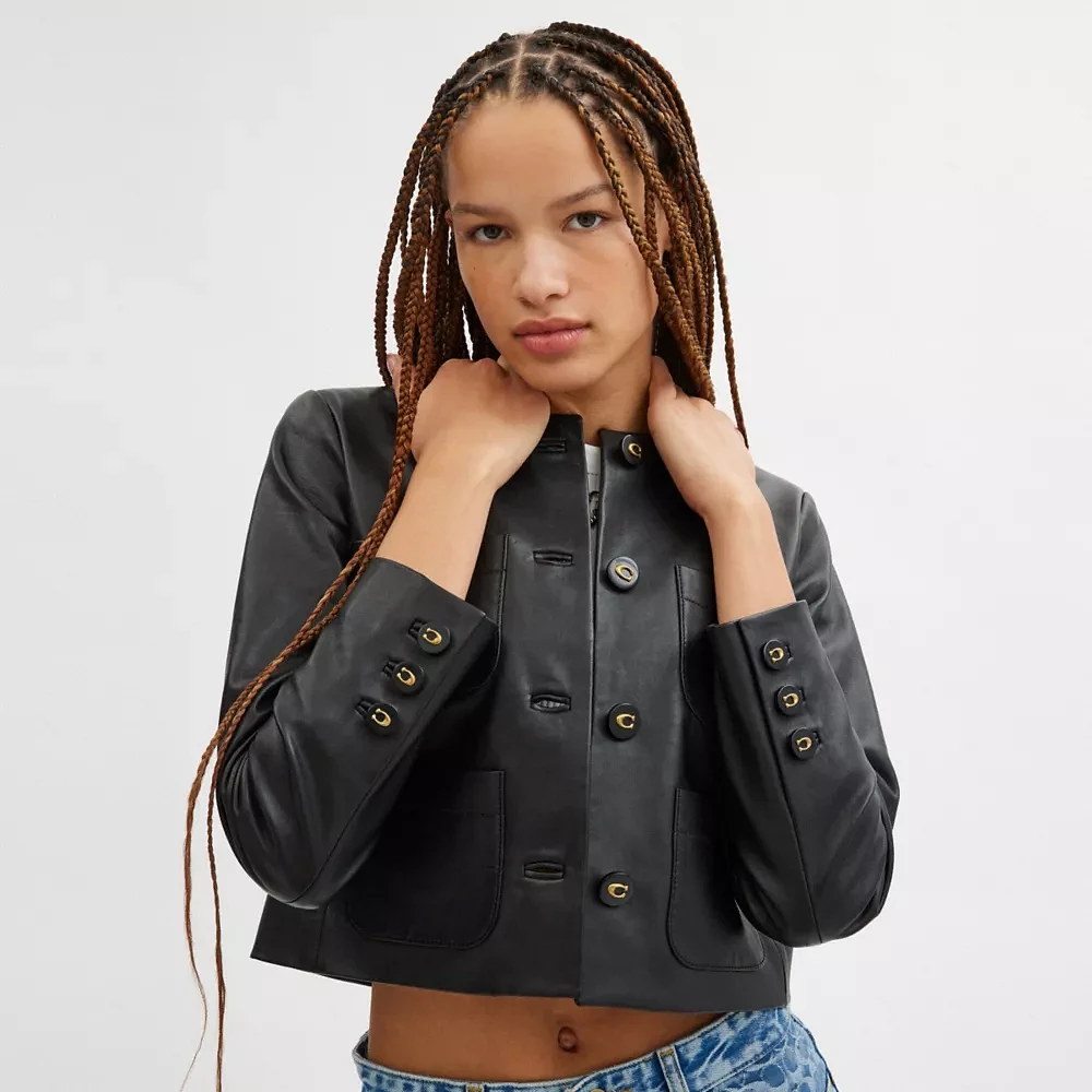 Collarless Leather Jacket