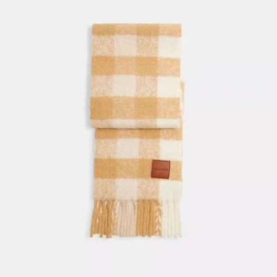 Oversized Plaid Muffler With Leather Patch