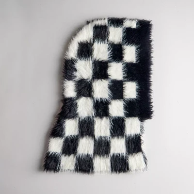 Fuzzy Knit Balaclava With Checkerboard Pattern