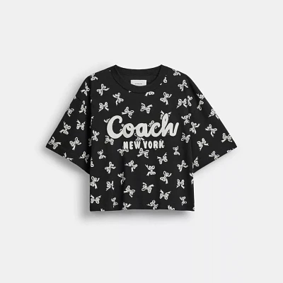 Bow Print Cursive Signature Cropped T Shirt