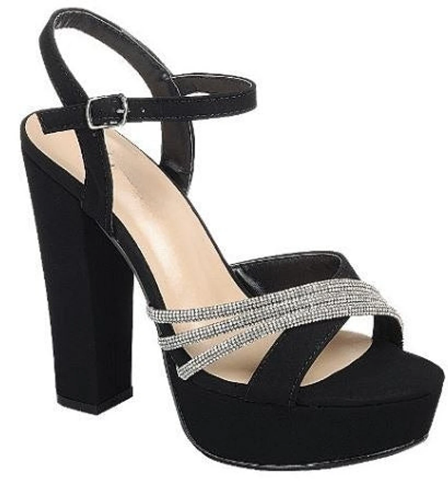 Women's Platform-1 Block Heel Rhinestone Sandals :BLK