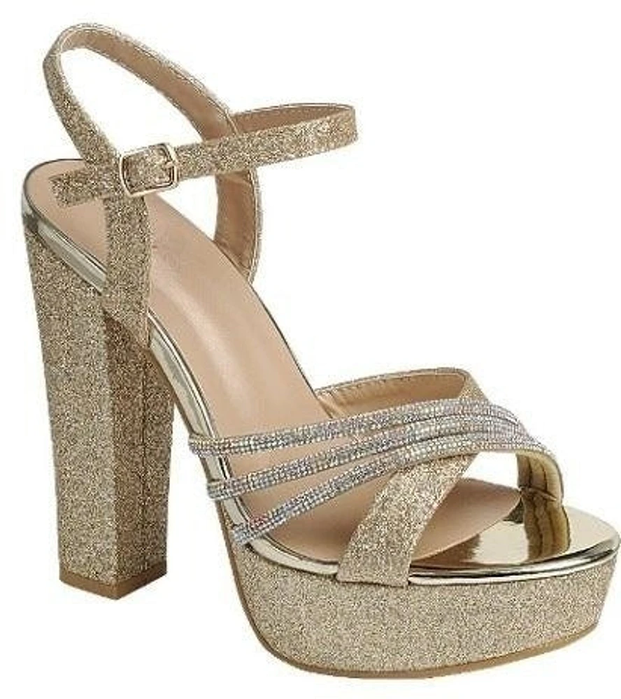 Women's Platform-1 Block Heel Rhinestone Sandals :CHP/GLD