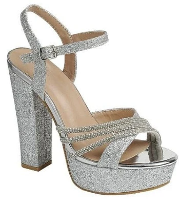 Women's Platform-1 Block Heel Rhinestone Sandals :SIL