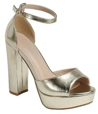 Women's Platform-2 Block Heel Rhinestone Sandals :GOLD