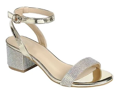 Women Mid block heel Rhinestone Dress Sandals: Gld