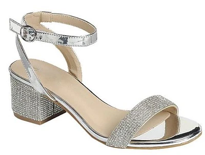 Women Mid block heel Rhinestone Dress Sandals: Sil