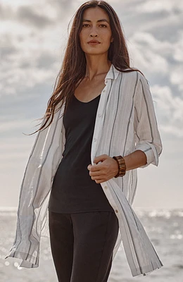 Textured Striped Long Button-Down Tunic