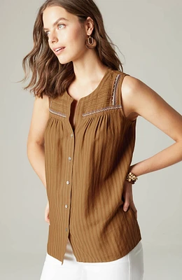 Pintucked Button-Front Sleeveless Top