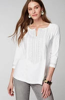 Pure Jill Embroidered Smocked-Neck Top